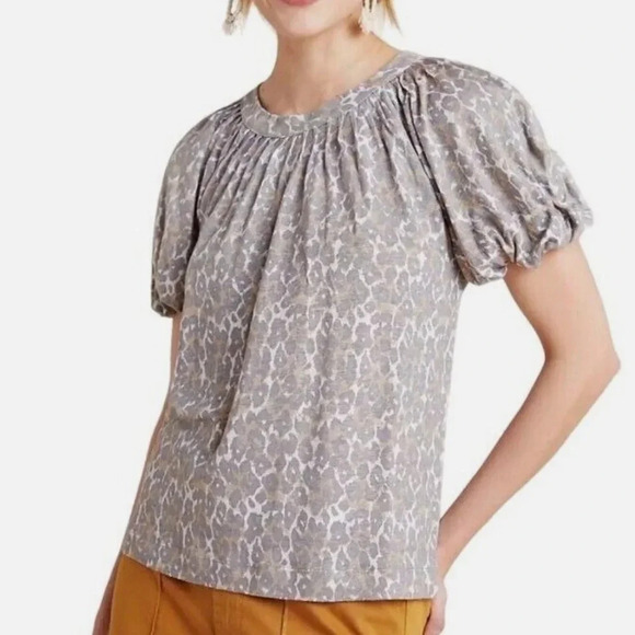 Maeve Anthropologie Women’s XS Tan Linen Leopard Puff Sleeve Top - Picture 7 of 9